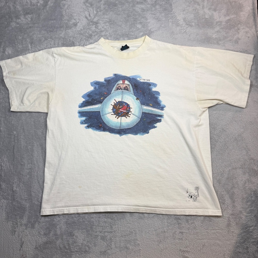 Vintage Logotel The Far Side Shirt Mens 3X White Gary Larson Plane Reindeer 90s